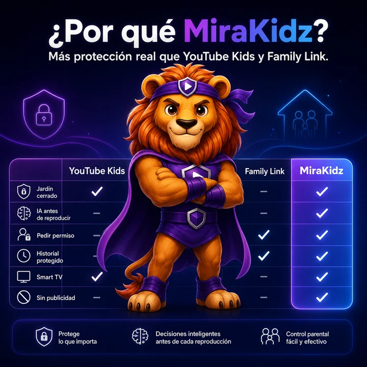 Comparativa: MiraKidz frente a YouTube Kids y Family Link