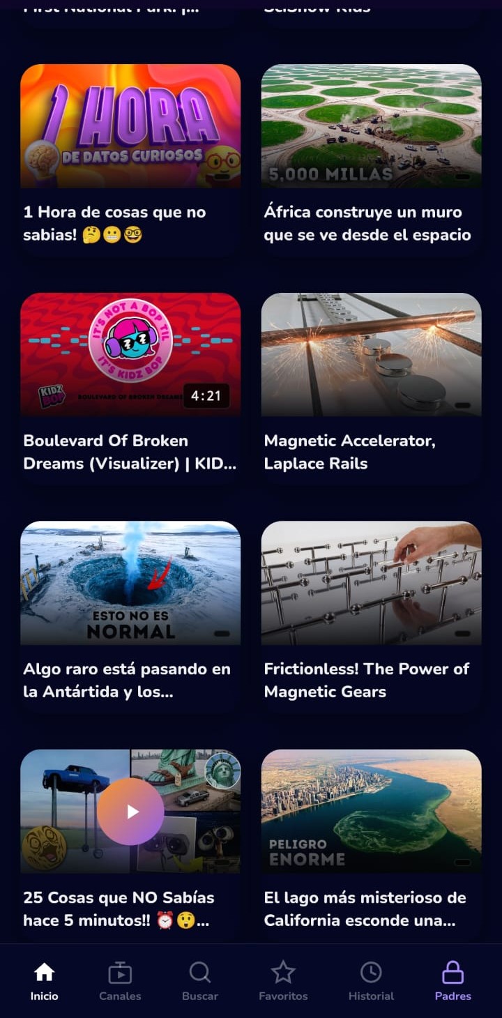 La app de MiraKidz mostrando videos ya aprobados para el niño